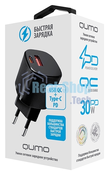 Сетевое зарядное устройство Qumo Energy GaN Mini PD 30W (Charger 0072), два порта: Type-C PD + USB-A QC3.0, черный