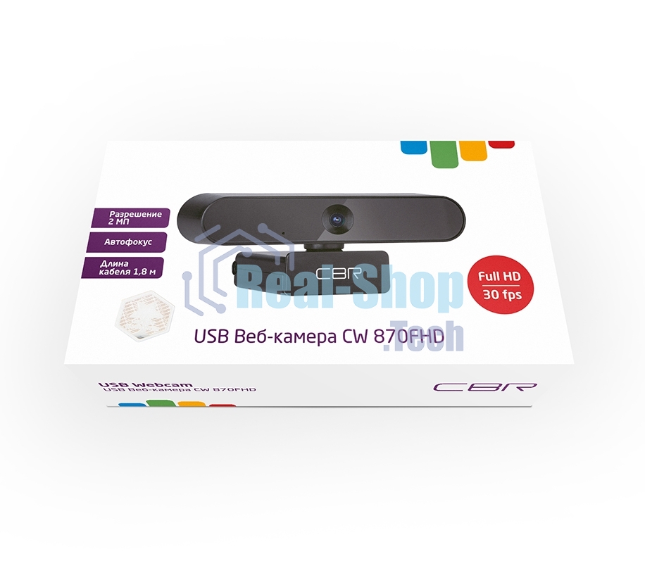 Веб-камера CBR CW 870FHD Black, 2 МП, 1920х1080, USB 2.0, встроенный микрофон с шумоподавлением, автофокус, крепление на мониторе, длина кабеля 1,8 м, черный