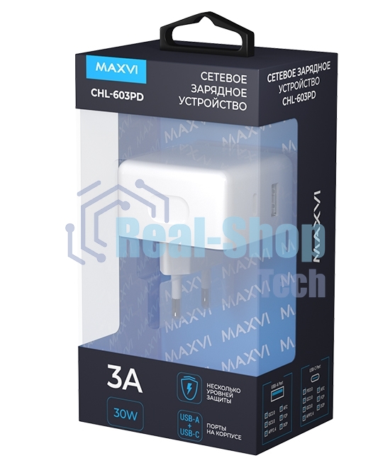 Сетевое зарядное устройство Maxvi CHL-603PD Type-C\USB 30W 6A (3A+3A) PD QC3.0, белый