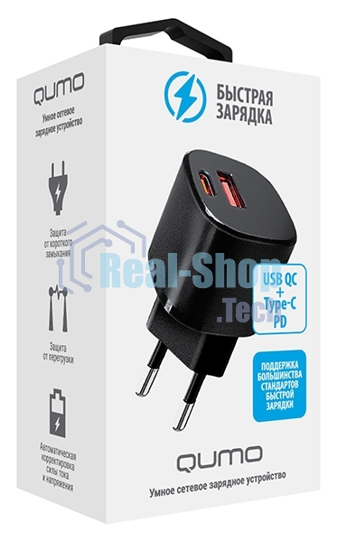 Сетевое зарядное устройство Qumo Energy GaN Mini PD 30W (Charger 0072), два порта: Type-C PD + USB-A QC3.0, черный