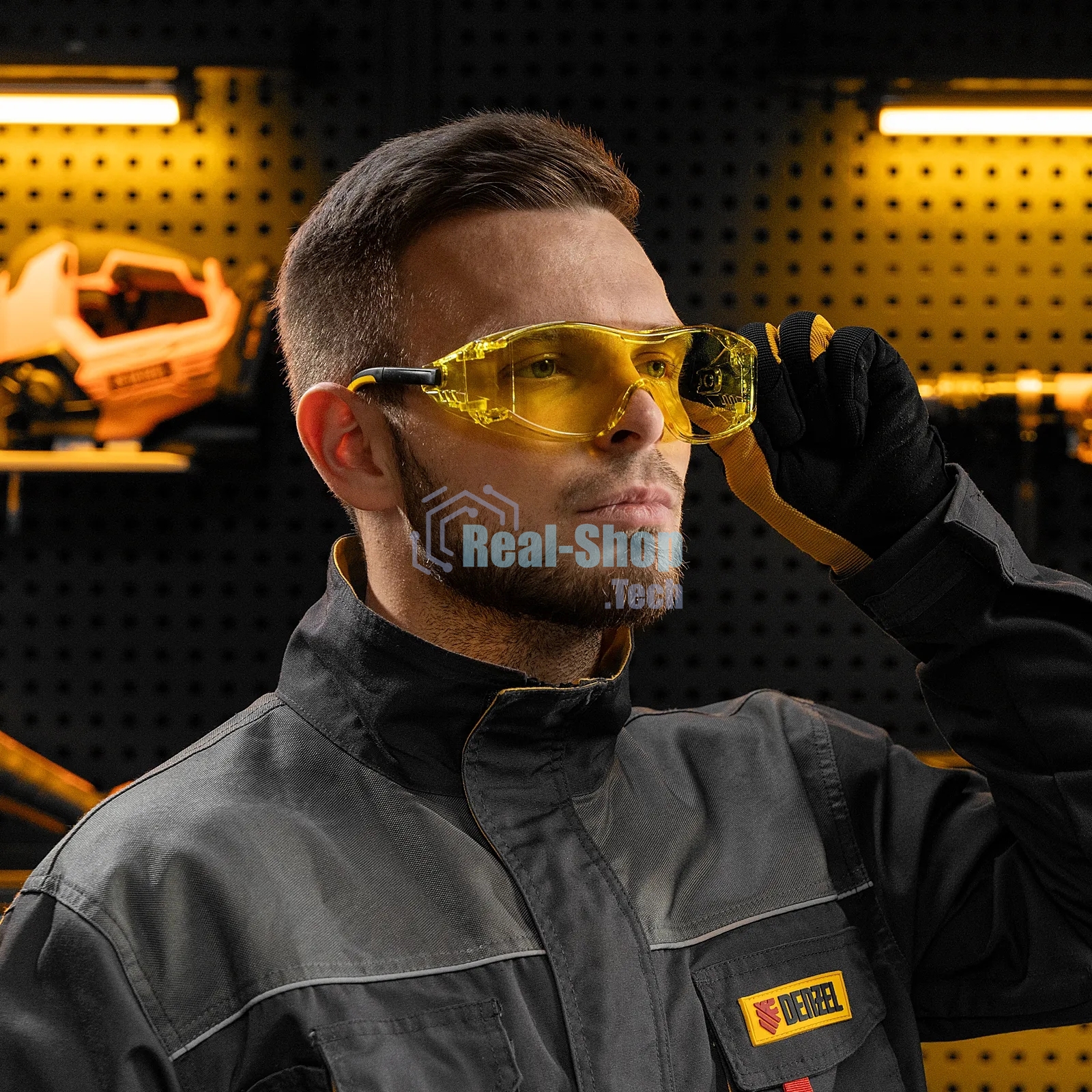 Очки защитные открытые Denzel поликарбонатные, увеличенная желтая линза, регулируемые дужки