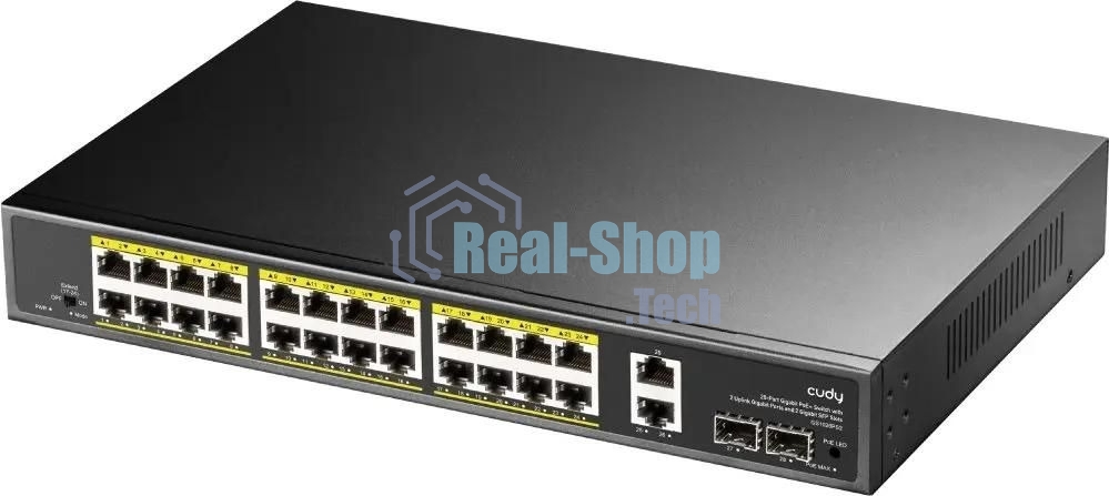 Коммутатор Cudy GS1026PS2, (L2) 26x1 Гбит/с 2xКомбо(1000BASE-T/SFP), 2SFP, 24PoE, 300W, неуправляемый