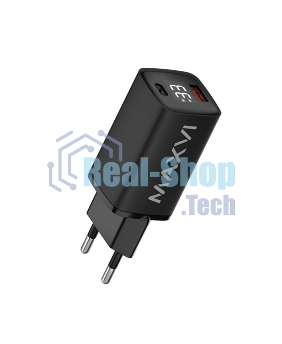 Сетевое зарядное устройство Maxvi A402PD LED 33W, 1xUSB-A, 1xUSB-C, черный