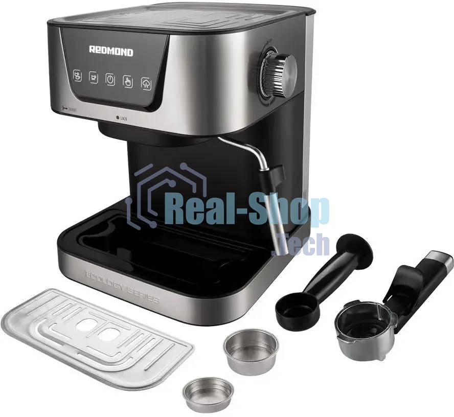 Кофеварка рожковая Redmond RCM-M1513 серебристый/черный, исп. кофе - молотый, 1.5 л, 1050 Вт, 15 бар