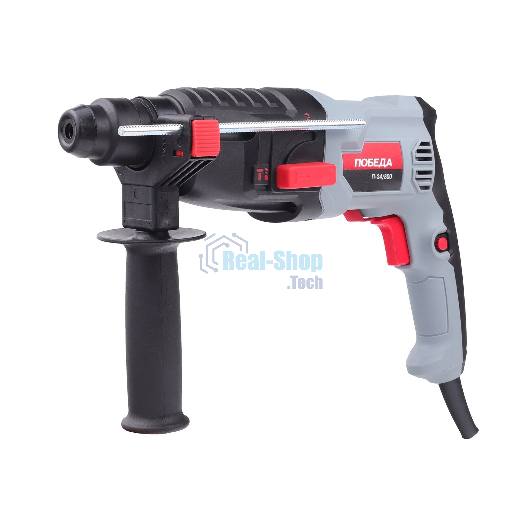 Перфоратор ПОБЕДА П-24/800, SDS+, 800Вт, 1200об/мин, 5300уд/мин, макс. диаметр бурения 24мм, дополнительная рукоятка, глубиномер, кейс