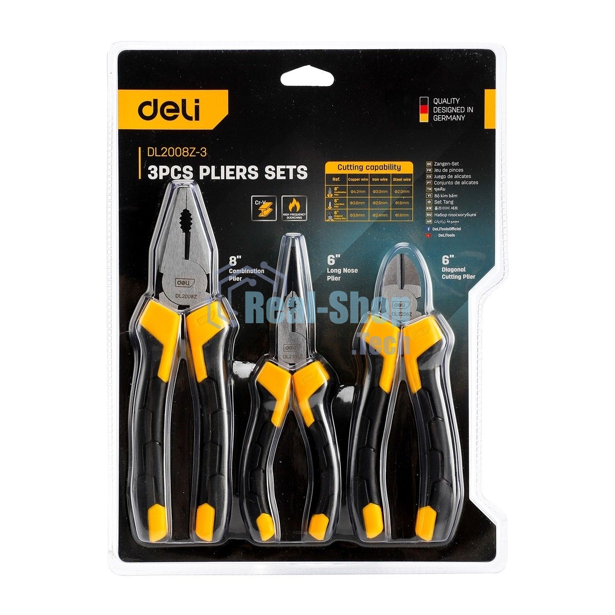 Набор плоскогубцев Deli DL2008Z-3 8-дюймовые комбинированные плоскогубцы, 6-дюймовые длинногубцы, 6-дюймовые диагональные плоскогубцы. Высокоуглеродистая сталь. Двухкомпонентная ручка