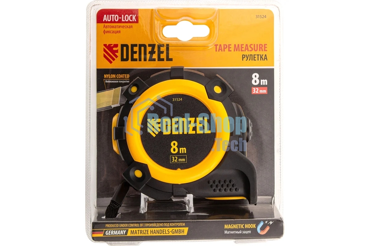 Рулетка Denzel 8м х 32мм, автоматич. фиксац., нейлон. покрытие, магнит. зацеп, двухстор. разметка