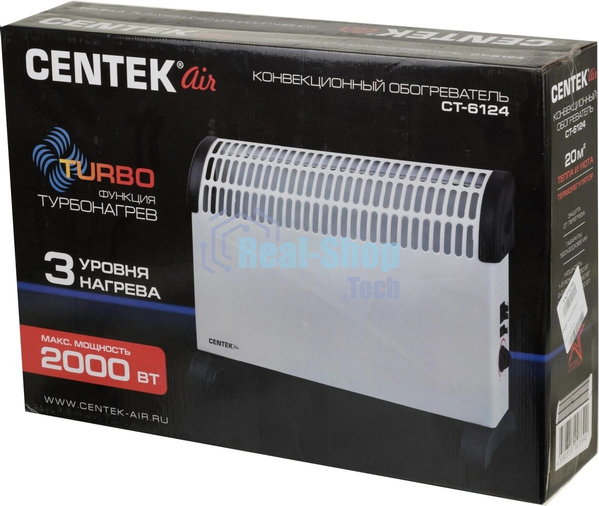 Конвектор Centek CT-6124 белый, 750/1250/2000 Вт, 20 м2, механический термостат