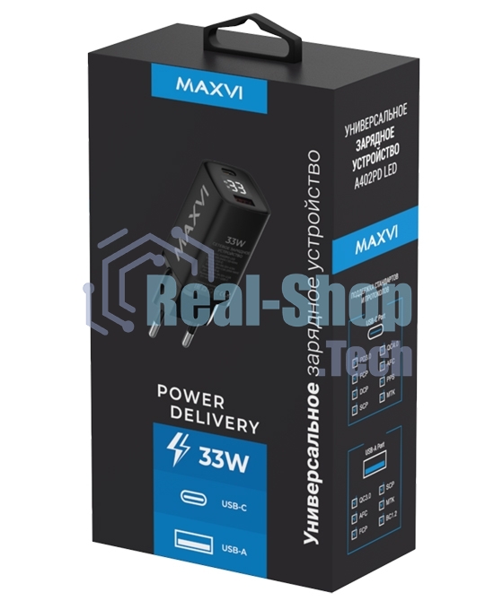 Сетевое зарядное устройство Maxvi A402PD LED 33W, 1xUSB-A, 1xUSB-C, черный