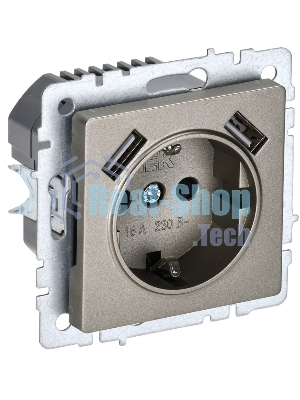 Розетка 1-местная IEK BRITE РЮш10-2-БрШ (BR-R14-16-U21-D31-K37) с заземлением, с защитными шторками, 16А, с USB A+A 5В 3,1А, шампань