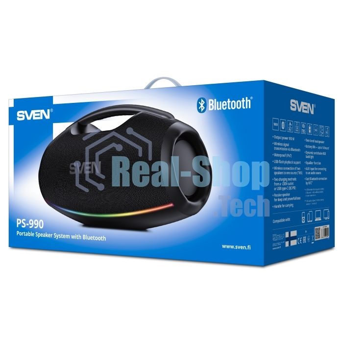Портативная акустическая система SVEN PS-990, черный, 2.0, 2x90 Вт (RMS), IPx7, TWS, Bluetooth, USB, аккумулятор