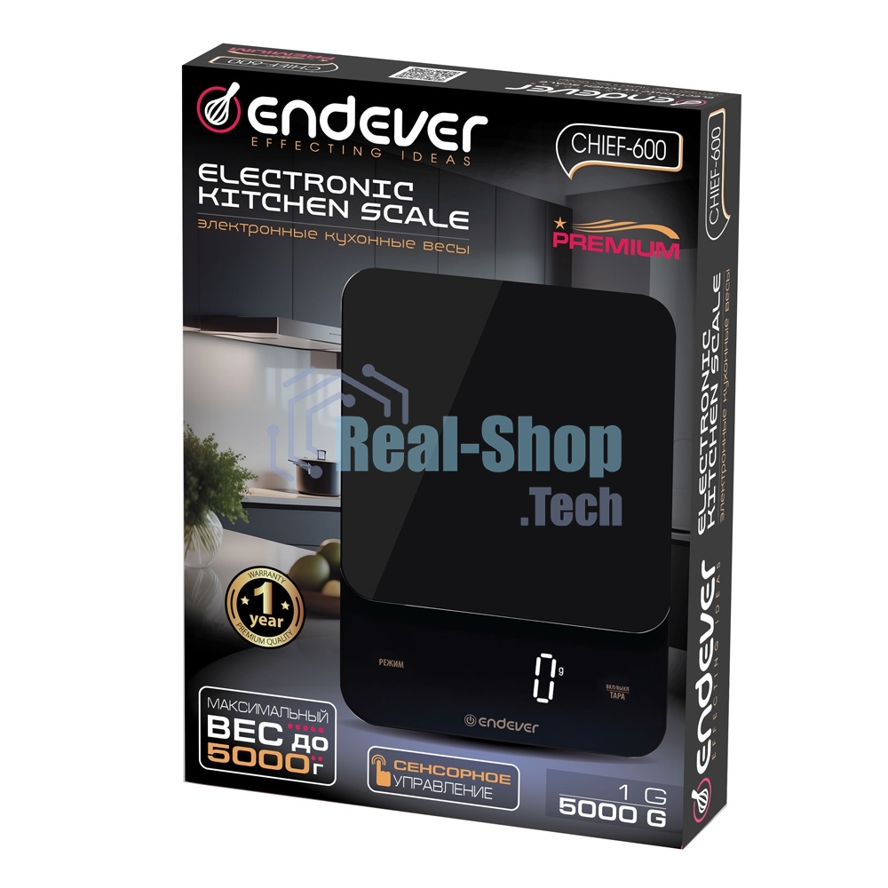 Весы кухонные электронные Endever Chief-600, черный, вес от 5 г до 5 кг, LED-дисплей,закаленное стекло/пластик, 20 шт./уп.