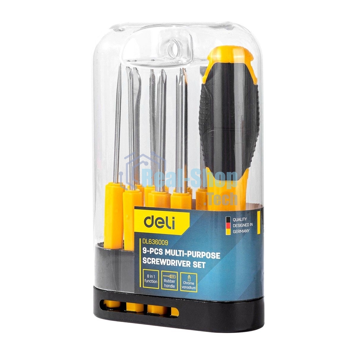 Многофункциональная отвертка 8-в-1 Deli DL636009 1шт ручка, 3 бита Phillips: PH0, PH1, PH2, 3 насадки с прорезями: 3 мм, 5 мм, 6 мм,2 специальные биты: точечные, Y-образные. Материал хвостовика: Cr-V.