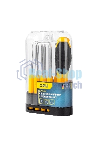 Многофункциональная отвертка 8-в-1 Deli DL636009 1шт ручка, 3 бита Phillips: PH0, PH1, PH2, 3 насадки с прорезями: 3 мм, 5 мм, 6 мм,2 специальные биты: точечные, Y-образные. Материал хвостовика: Cr-V.