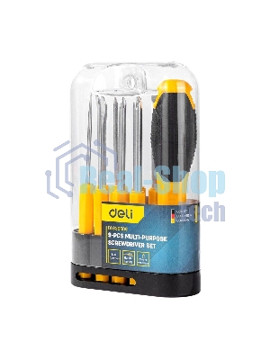 Многофункциональная отвертка 8-в-1 Deli DL636009 1шт ручка, 3 бита Phillips: PH0, PH1, PH2, 3 насадки с прорезями: 3 мм, 5 мм, 6 мм,2 специальные биты: точечные, Y-образные. Материал хвостовика: Cr-V.