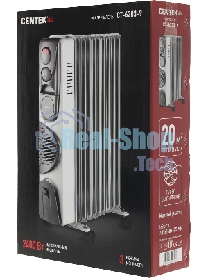 Обогреватель масляный Centek CT-6203-9 (9 секций) белый, 2400 Вт, 20 м2, 3 режима, термостат
