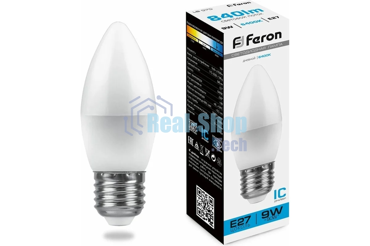 Лампа светодиодная Feron LB-570 9W 230V E27 6400K свеча