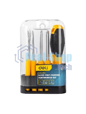 Многофункциональная отвертка 8-в-1 Deli DL636009 1шт ручка, 3 бита Phillips: PH0, PH1, PH2, 3 насадки с прорезями: 3 мм, 5 мм, 6 мм,2 специальные биты: точечные, Y-образные. Материал хвостовика: Cr-V.