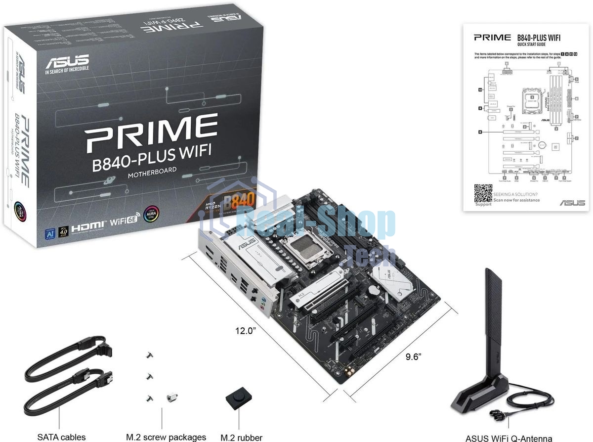 Материнская плата ASUS PRIME B840-PLUS WIFI, AM5, AMD B840, 4xDDR5, 4xSATA, 3xM.2, 1xPCIe 4.0 x16, 1xPCIe 3.0 x16, 2xPCIe 3.0 x16, 1xPCIe 3.0 x1, 1xDP, 1xHDMI, 1x 2.5Gb LAN, 8xUSB-A, 3x3.5 мм, 7.1, ATX