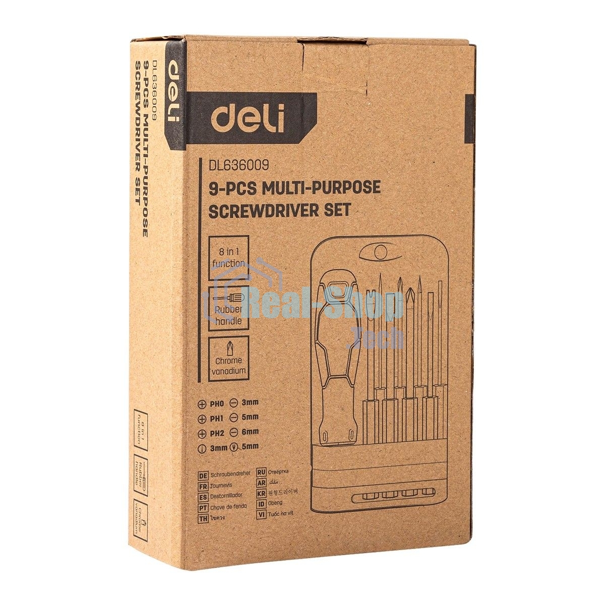 Многофункциональная отвертка 8-в-1 Deli DL636009 1шт ручка, 3 бита Phillips: PH0, PH1, PH2, 3 насадки с прорезями: 3 мм, 5 мм, 6 мм,2 специальные биты: точечные, Y-образные. Материал хвостовика: Cr-V.