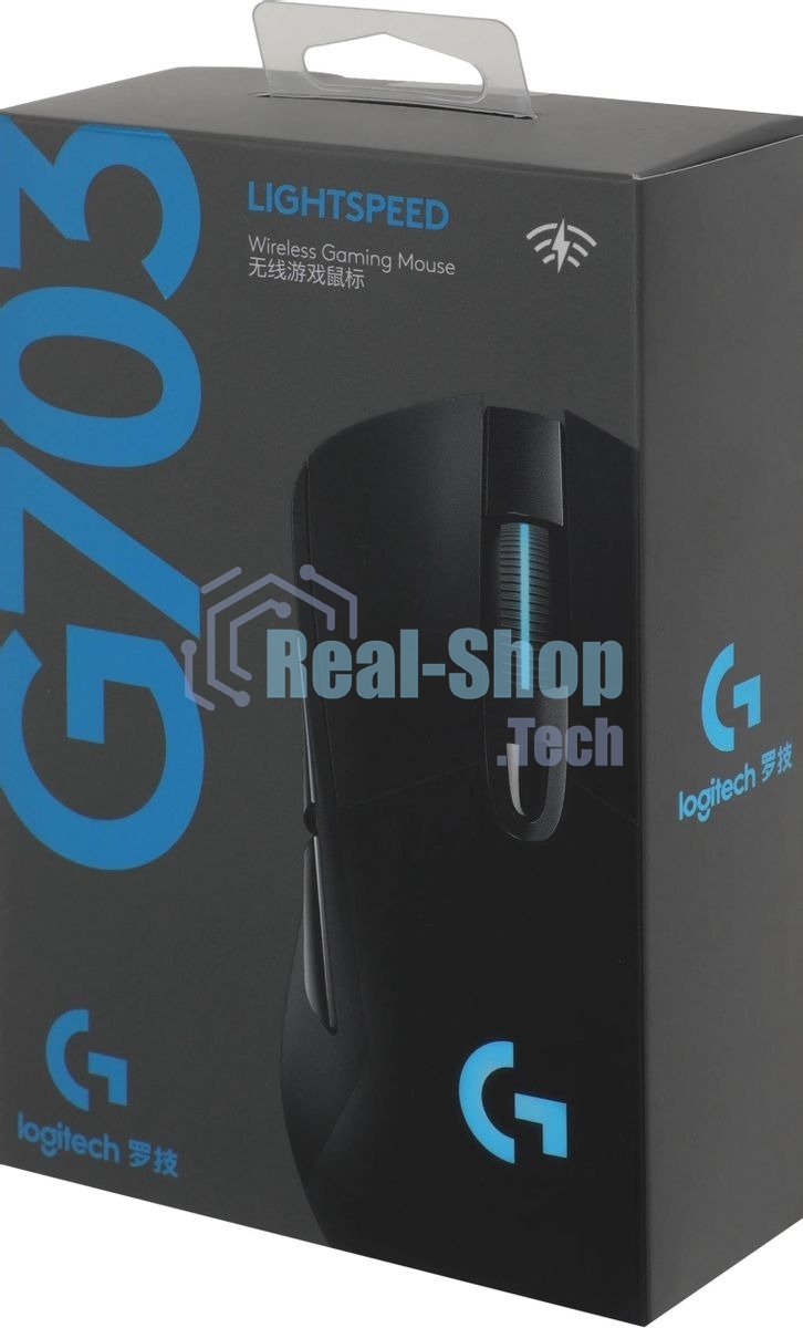 Мышь игровая Logitech G703 Lightspeed черная, сенсор 100-25600dpi (Hero25K), беспроводная 2.4GHz + USB 1,8м, 5 программируемых кнопок + колесо прокрутки, RGB-подсветка, под правую руку