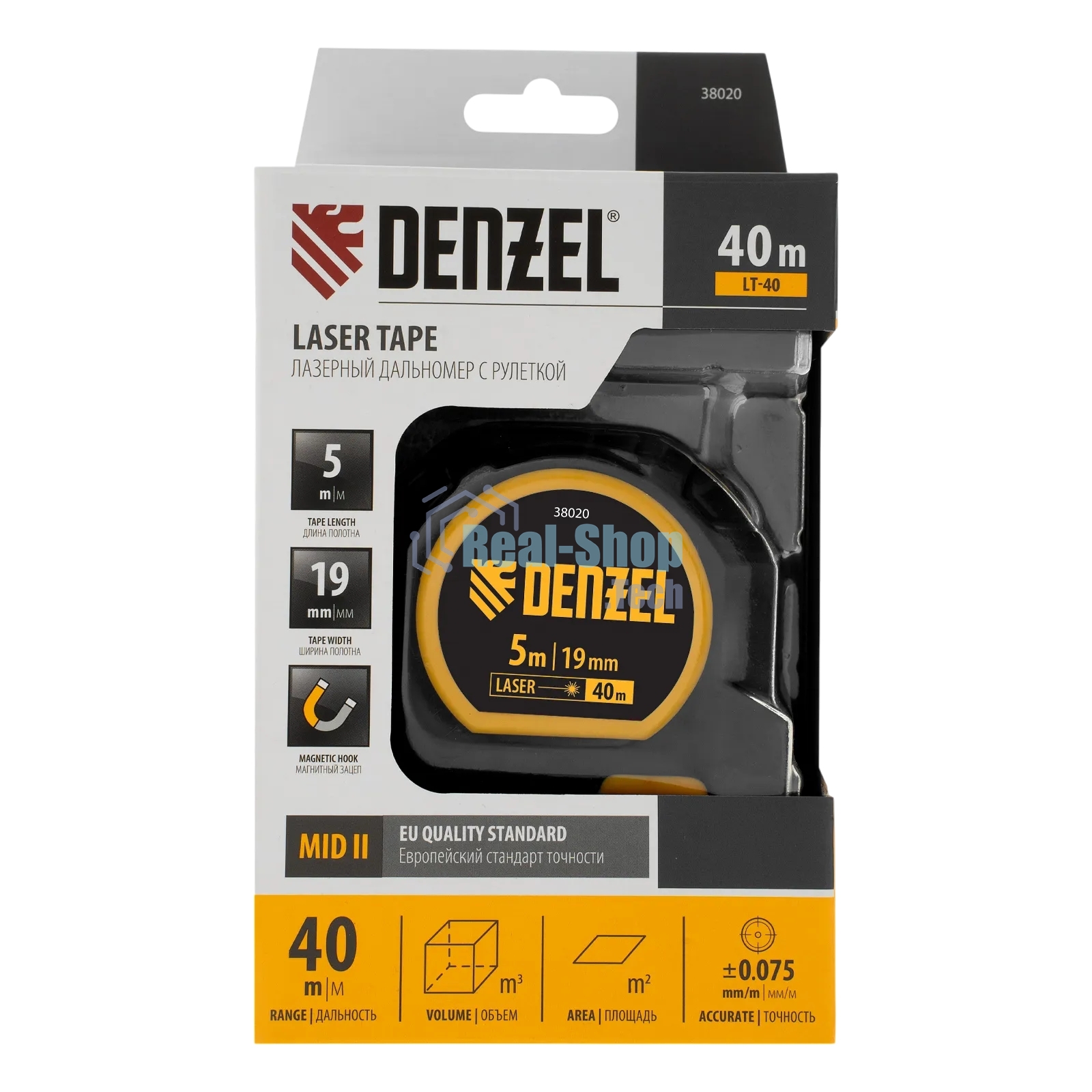 Лазерный дальномер с рулеткой Denzel LT-40, 5м x 19 мм, дальномер 40м, автомат. фиксация