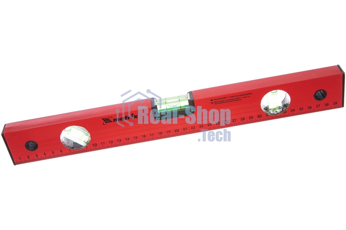 Уровень Matrix алюминиевый, 400 мм, 3 глазка, красный, линейка