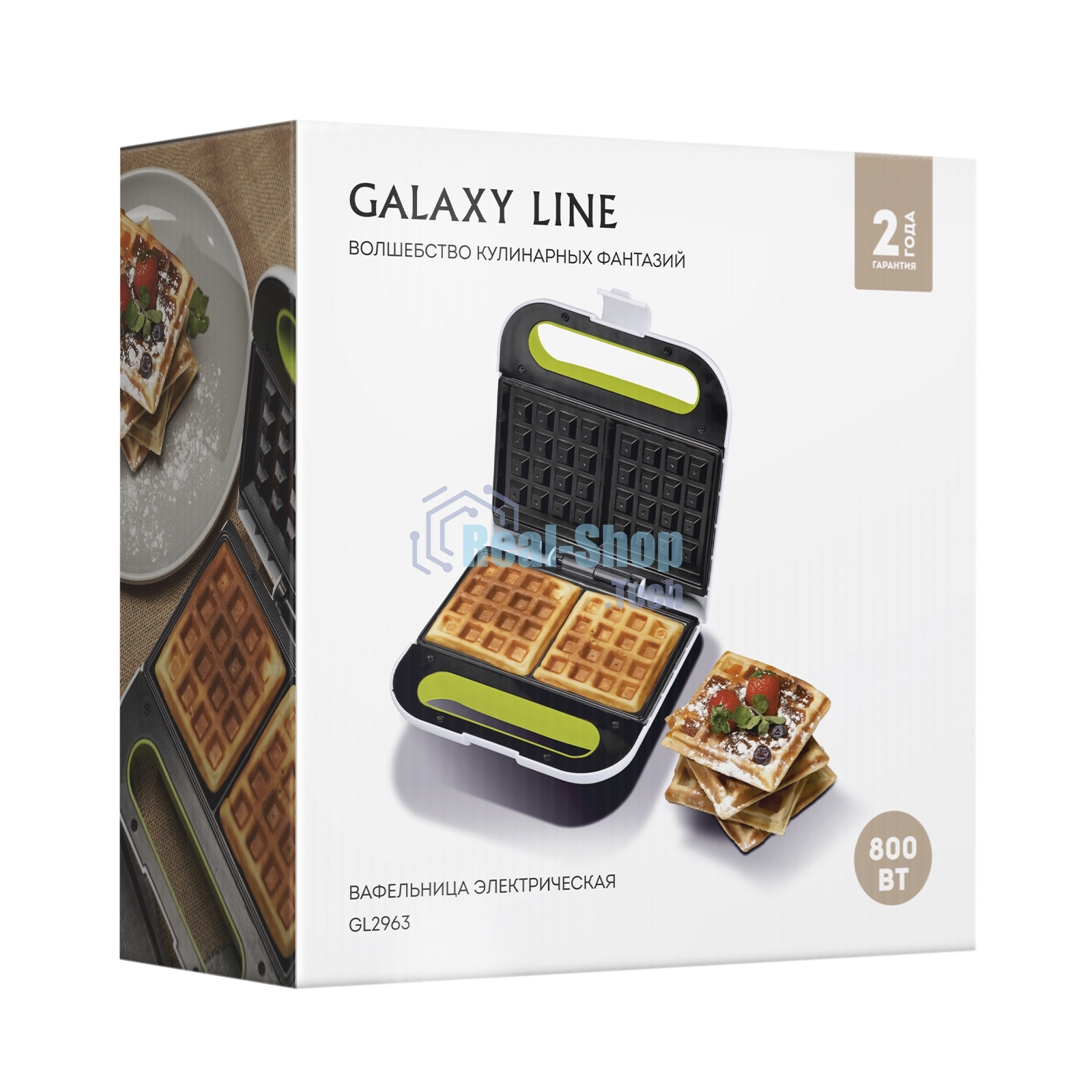 Вафельница GALAXY LINE GL 2963, белый с зеленым, с несъемными пластинами, 800 Вт, индикаторы нагрева и сети, антипригарное покрытие рабочей поверхности, теплоизолированный корпус и ручка, противоскользящие ножки, книга рецептов