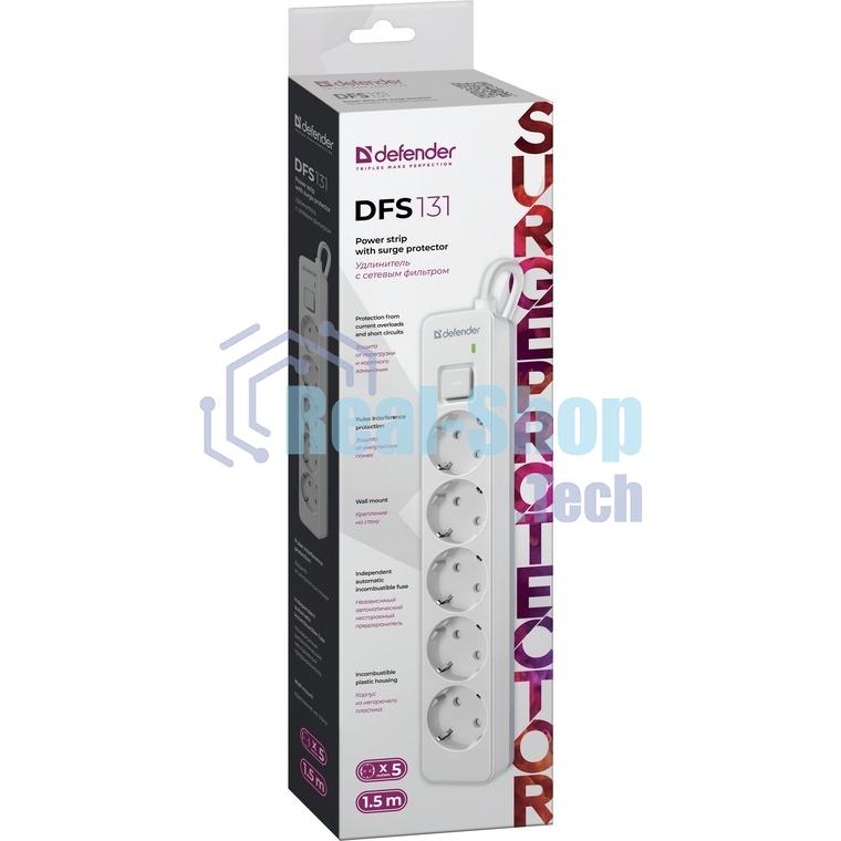 Удлинитель с сетевым фильтром Defender DFS 131, белый, 5 розеток, 1.5 м.