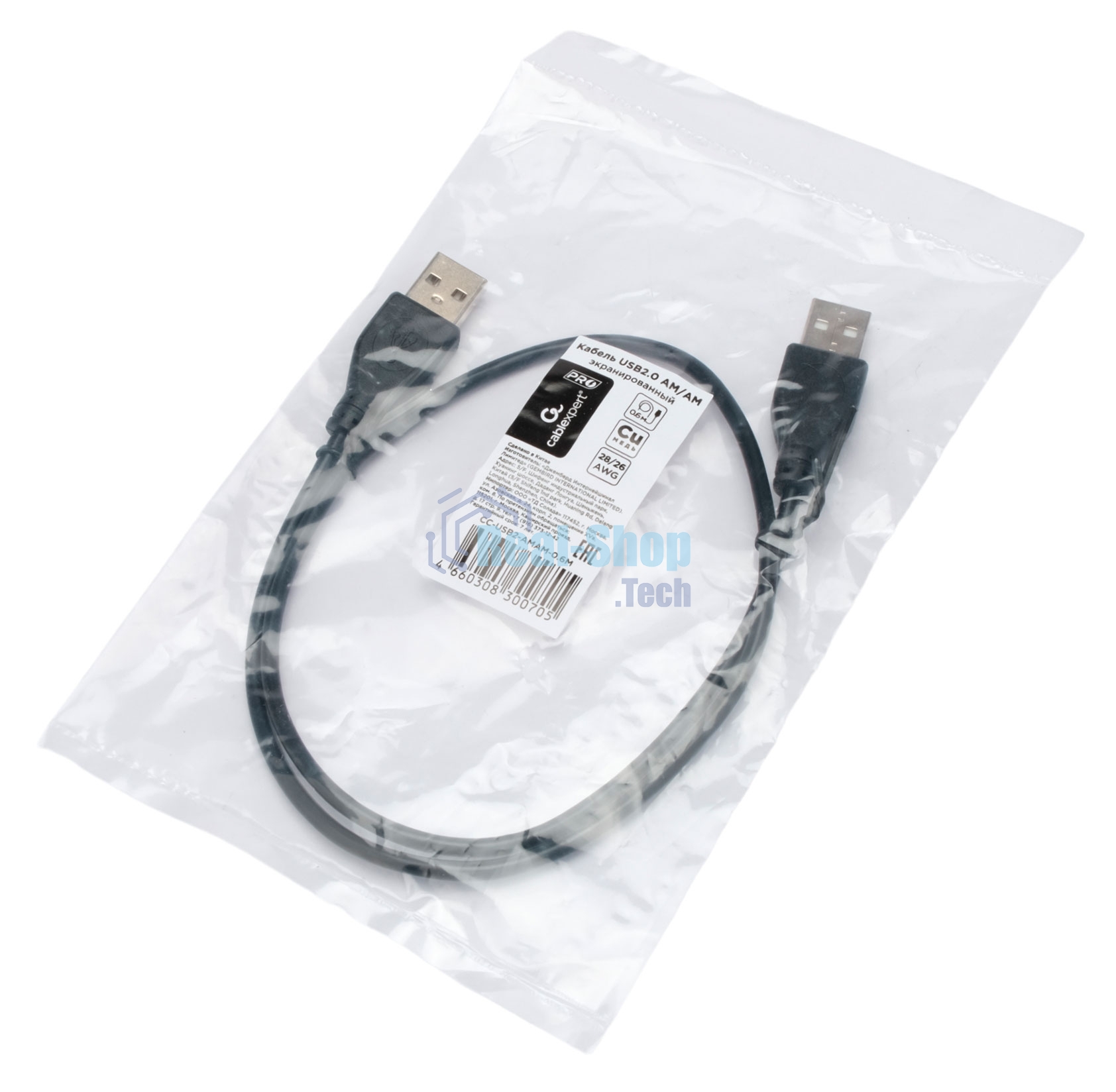 Кабель USB2.0 Cablexpert CC-USB2-AMAM-0.6M, AM/AM, экран, 28/26AWG, медь, Pro, 0.6м, черный, пакет