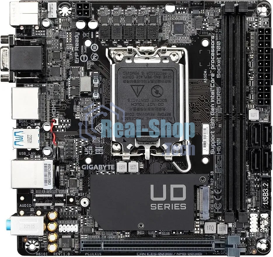 Материнская плата Gigabyte H610I, LGA 1700, Intel H610, 2xDDR5, 4xSATA, 1xM.2, 1xPCIe 4.0 x16, 1xHDMI, 1xVGA, 2xDP, 1x 1Gb LAN, 2xUSB-A 3.2 Gen 1, 4xUSB-A 2.0, 3x 3.5 мм, 7.1, Mini-ITX