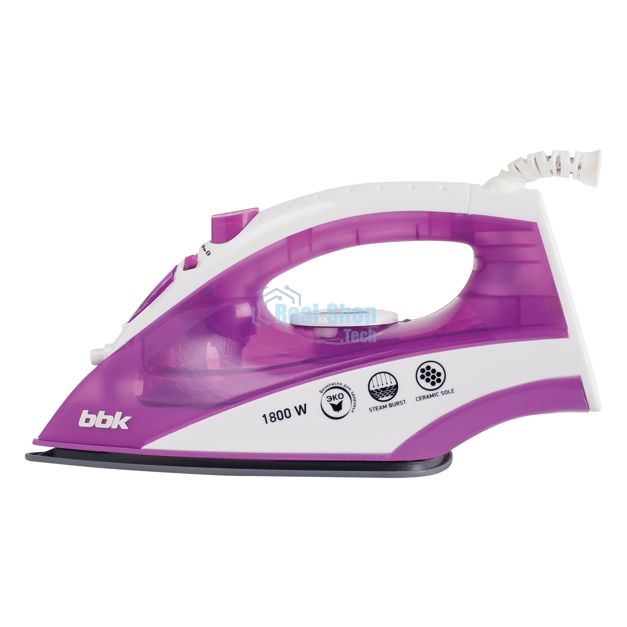 Утюг BBK ISE-1802 фиолетовый/белый, 1800 Вт, 20 г/мин, 60 г/мин, 180 мл
