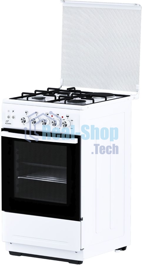 Плита комбинированная Flama L RK 23-126 белый, конфорок 3 газовых и 1 электрическая, духовка 50 л, 50 см x 85 см x 60 см