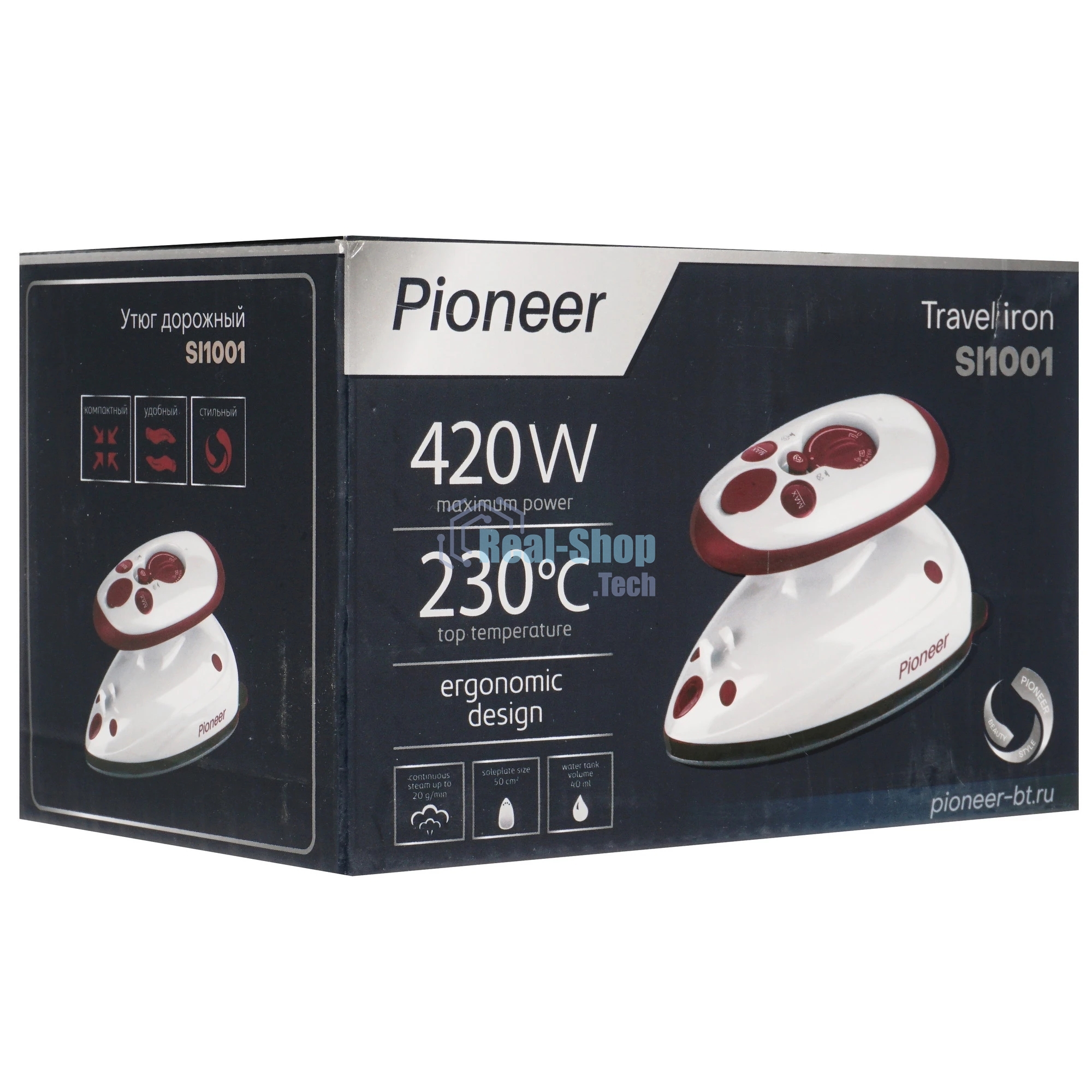 Утюг Pioneer SI1001 белый/брусничный, 420 Вт, 20 г/мин, 40 мл