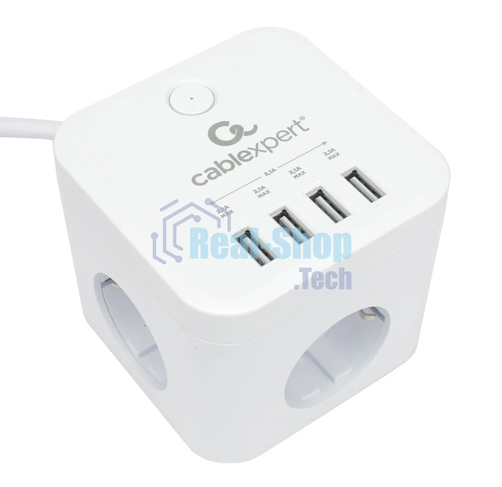 Сетевой фильтр Cablexpert Cube CUBE-3-U4-W-1.5, 3 р, 10А, 4хUSB, 1.5 м, ур.защиты 4+, белый, коробка