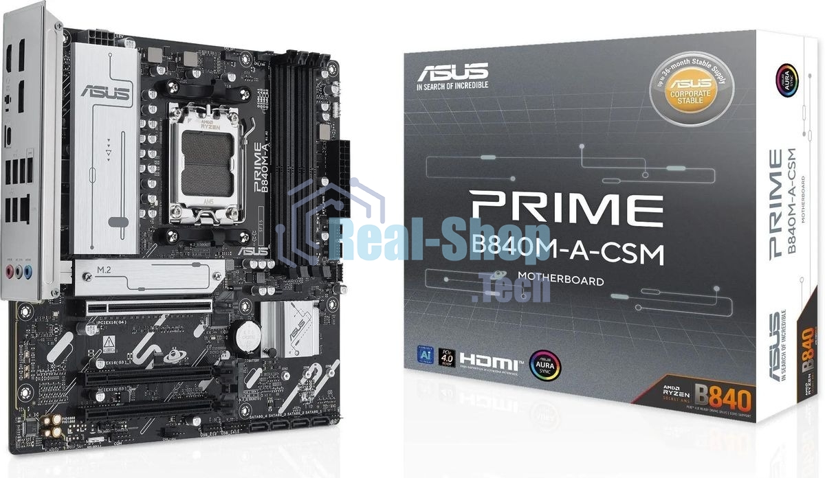 Материнская плата ASUS PRIME B840M-A-CSM, AM5, AMD B840, 4xDDR5, 4xSATA, 3xM.2, 1xPCI-E 4.0 x16, 2xPCI-E 3.0 x16, 1xRealtek 2.5Gb LAN, 2xUSB-A 10Gbps, 1xUSB-C 5Gbps, 4xUSB-A 2.0, 3x3.5 мм, 7.1, micro-ATX