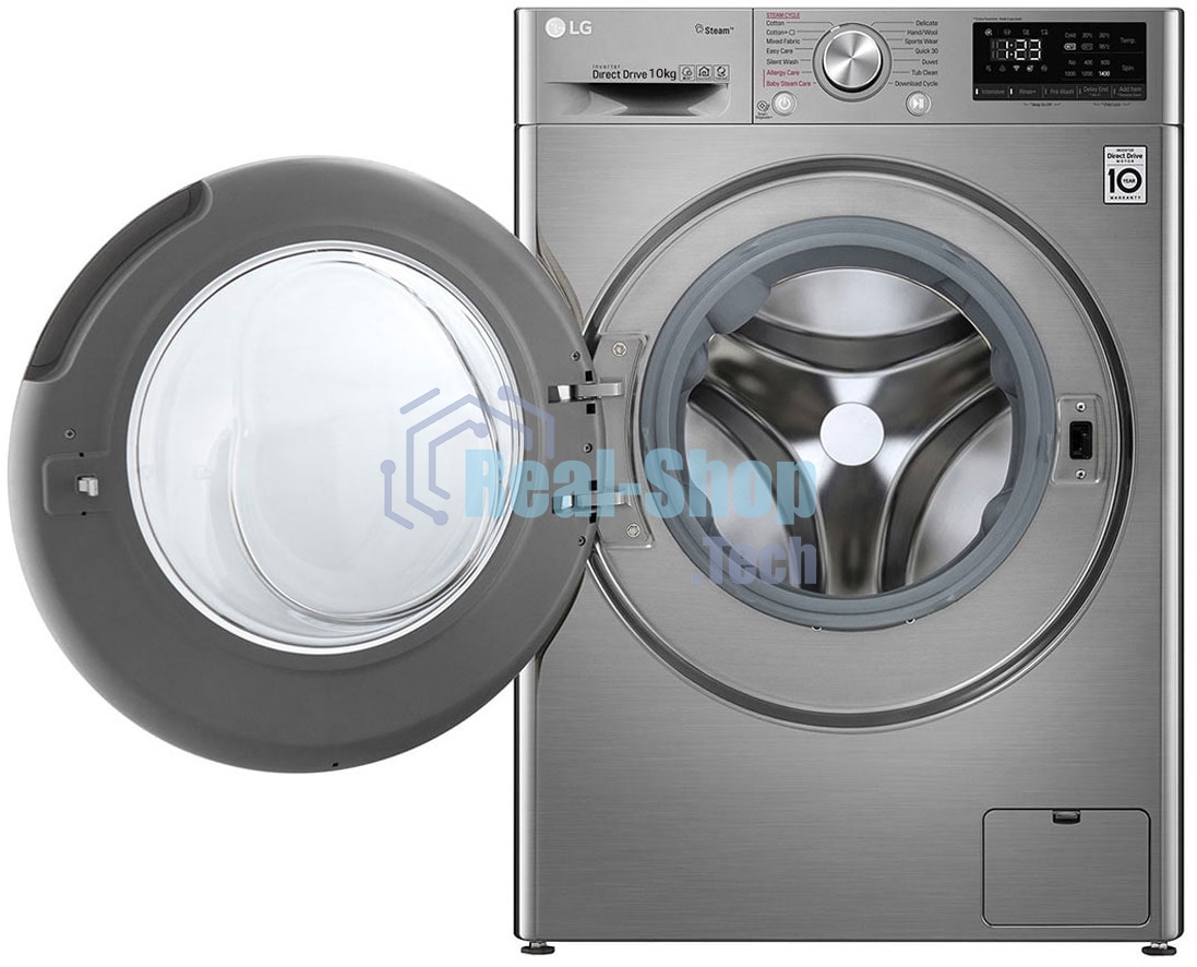 Стиральная машина LG F4V5RYP2T серебристая, загрузка фронтальная 10 кг, 1400 об/мин, класс B