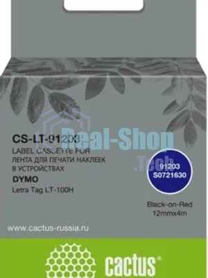 Картридж ленточный Cactus CS-LT-91203 черный шрифт, красный фон (12 мм, 4 м) для Dymo Letra Tag LT-100H