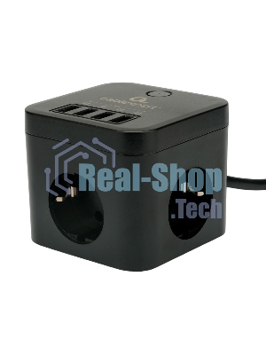 Сетевой фильтр Cablexpert Cube CUBE-3-U4-B-1.5, 3 р, 10А, 4хUSB, 1.5 м, ур.защиты 4+, черный, коробка