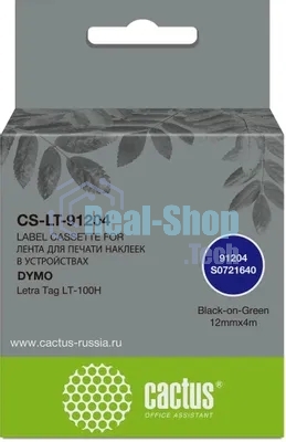Картридж ленточный Cactus CS-LT-91204 черный шрифт, зеленый фон (12 мм, 4 м) для Dymo Letra Tag LT-100H