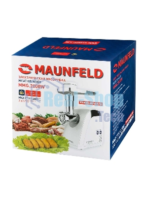 Мясорубка электрическая Maunfeld MMG.2000W белый, 2000 Вт, 2.6 кг/мин, реверс, защита от перегрузки, металлический лоток, насадки - 5
