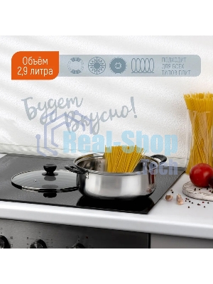Кастрюля Promo, объем 2,9 л, из нержавеющей стали с крышкой из жаропрочного стекла 104615