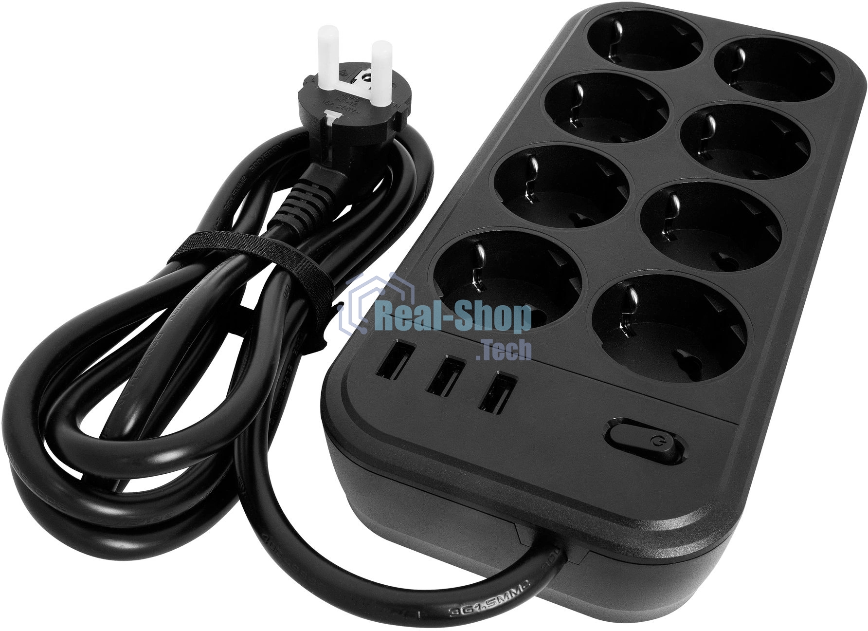 Сетевой фильтр Powercom SP-08 USB03AB 1,8 m 1.8м (8 розеток) черный (коробка)