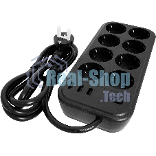Сетевой фильтр Powercom SP-08 USB03AB 1,8 m 1.8м, 8 розеток, черный, коробка