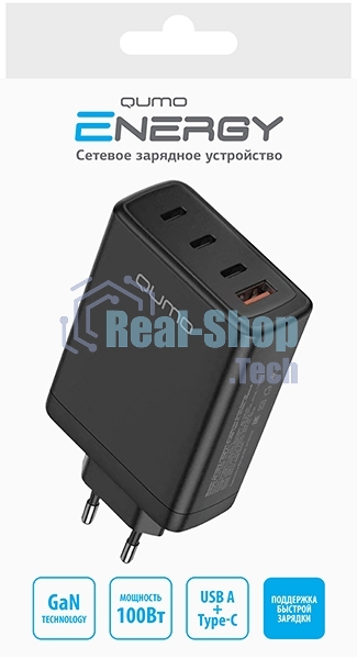 Сетевое зарядное устройство Qumo Energy Charger GaN PD 100 Вт, USB-A + 3 USB Type-C, (0100), черный