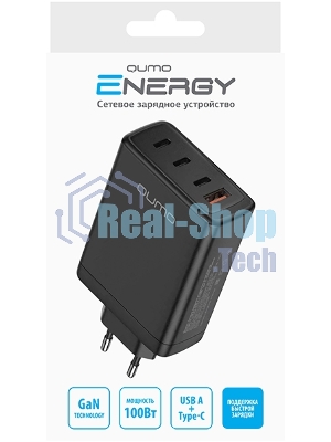 Сетевое зарядное устройство Qumo Energy Charger GaN PD 100 Вт, USB-A + 3 USB Type-C, (0100), черный
