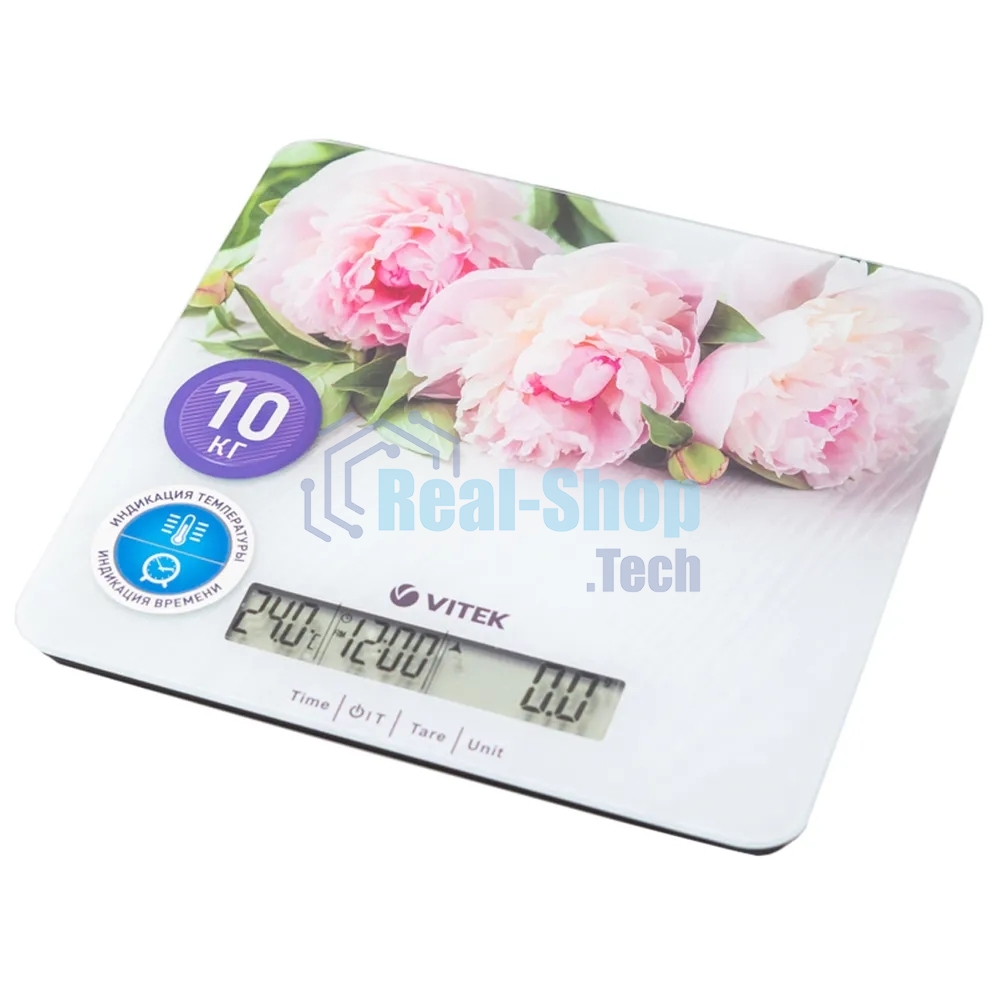 Весы кухонные Vitek VT-2414 (MC) цветы 1. Максимальный вес 10 кг 2. Цена деления 1 г 3. Размер LCD дисплея 95х18 мм