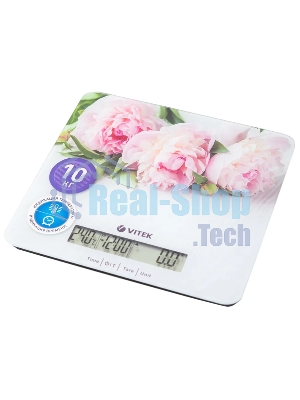 Весы кухонные Vitek VT-2414 (MC) цветы 1. Максимальный вес 10 кг 2. Цена деления 1 г 3. Размер LCD дисплея 95х18 мм