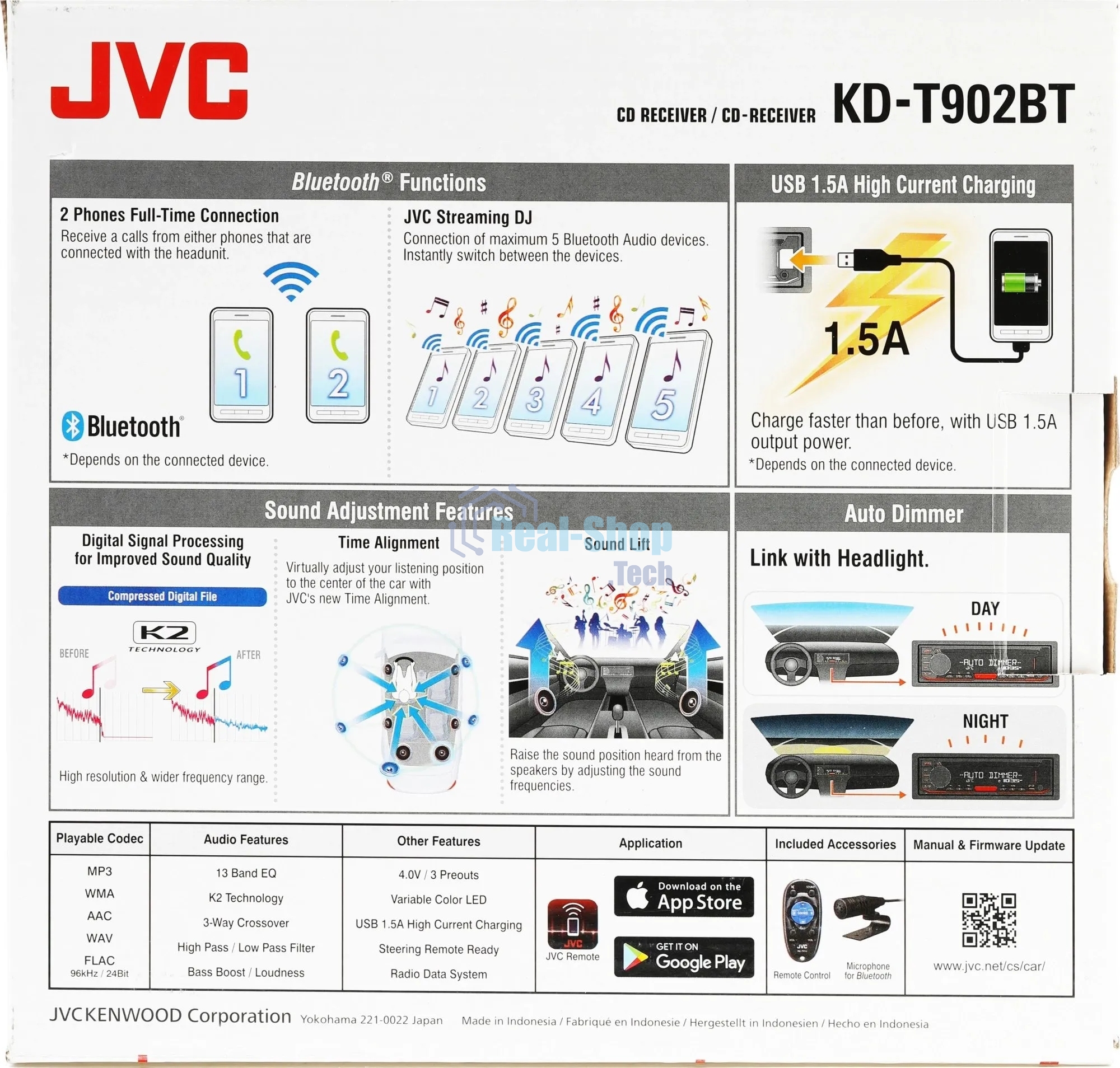 Автомагнитола JVC KD-T902BT, 1 DIN, CD, Bluetooth, USB Type-A, AUX, пульт ДУ, съёмная панель