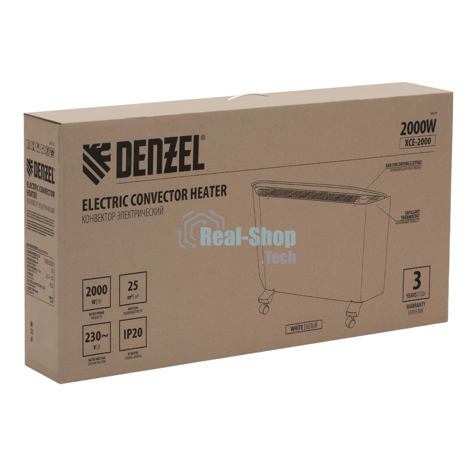 Конвектор Denzel XCE-2000 белый, 2000 Вт, 25 м2, термостат